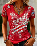 Silver National Flag and Butterfly Print V-neck Short Sleeve Tshirt