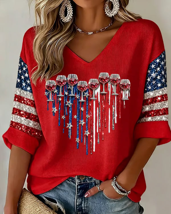 250th Anniversary Wine Glass with Heart Print V-neck Half Sleeved Loose Top