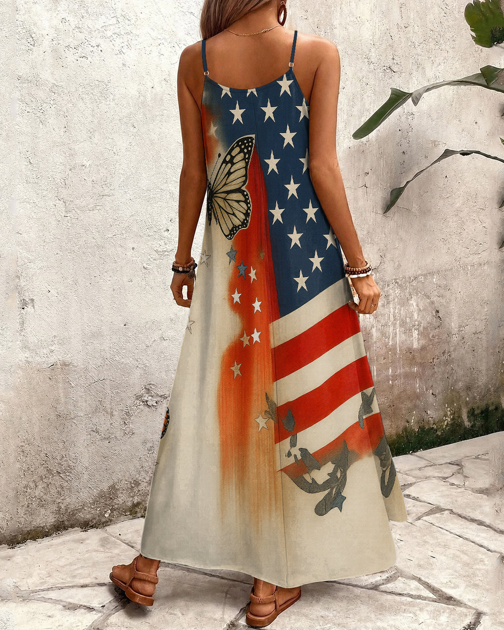 Retro National Flag and Butterfly Print Pocket Maxi Dress