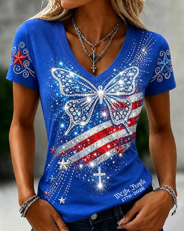 Silver National Flag and Butterfly Print V-neck Short Sleeve Tshirt