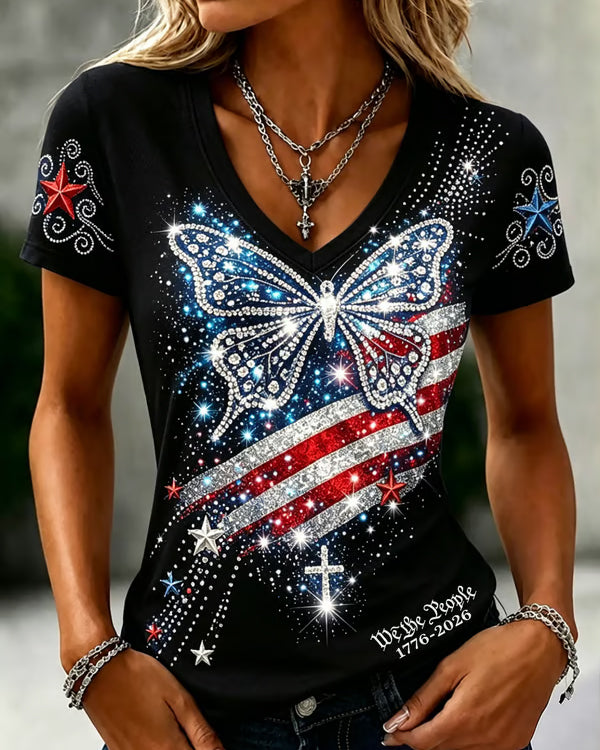 Silver National Flag and Butterfly Print V-neck Short Sleeve Tshirt