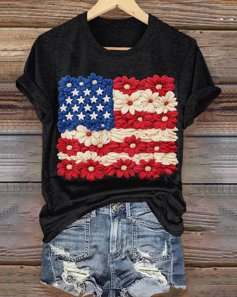 100% Cotton 250th Anniversary Contrasting Flag and Flower Design Print Crew Neck Short Sleeve Tshirt