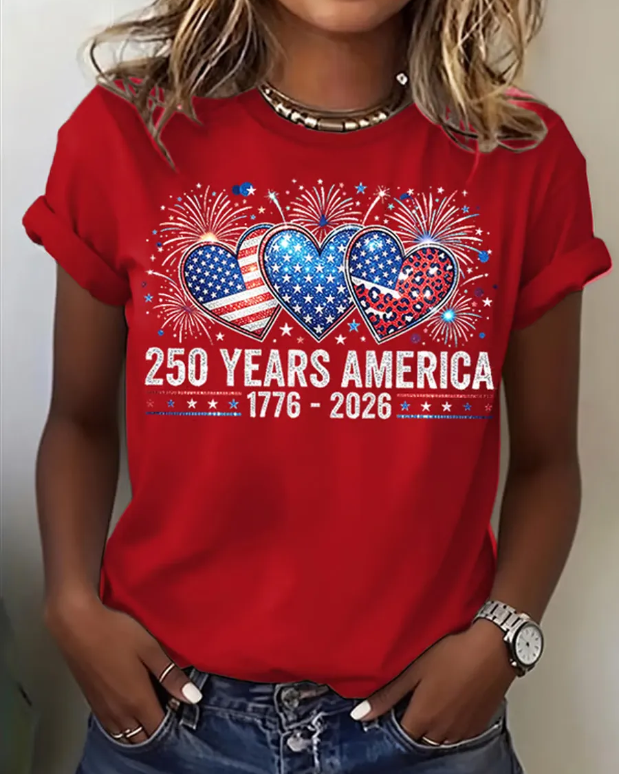 100% Cotton 250th Anniversary Fun Heart Crew Neck Short Sleeve Tshirt