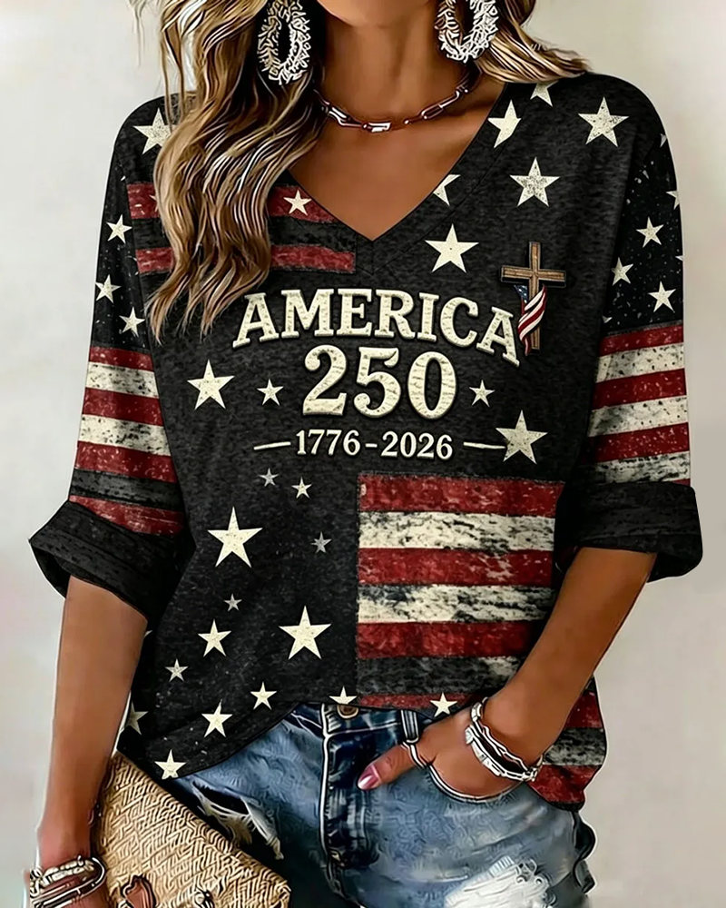 250th Anniversary of the Retro National Flag V-neck Loose T-shirt