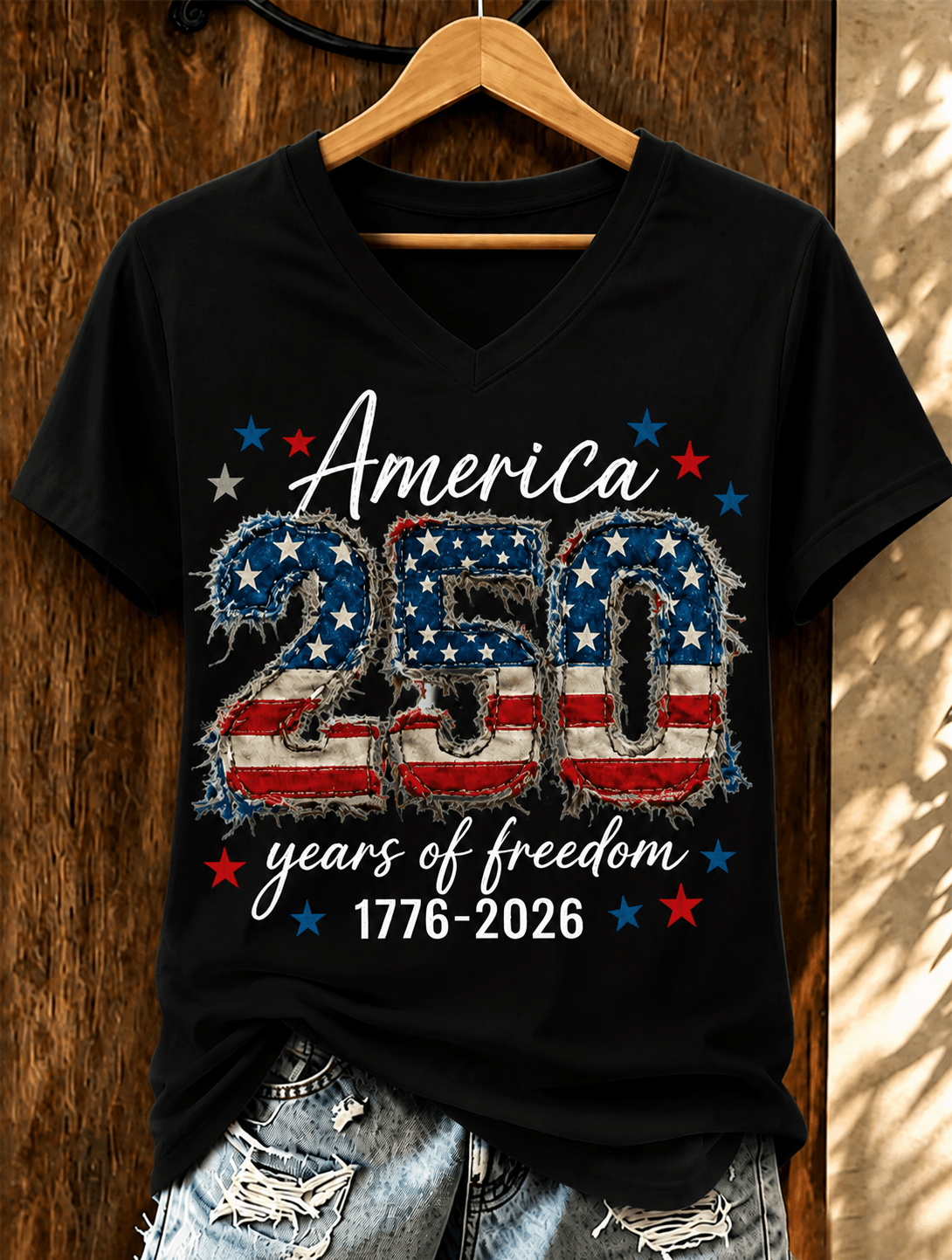 100% Cotton 250th Anniversary Faux Patchwork V Neck Short Sleeve Tshirt