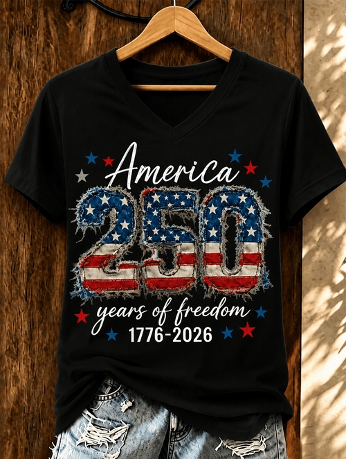 100% Cotton 250th Anniversary Faux Patchwork V Neck Short Sleeve Tshirt