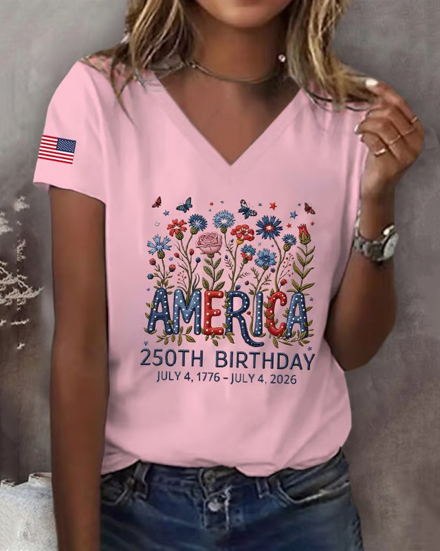 100% Cotton Women's America 250th Birthday Print V-neck Short Sleeve Tshirt