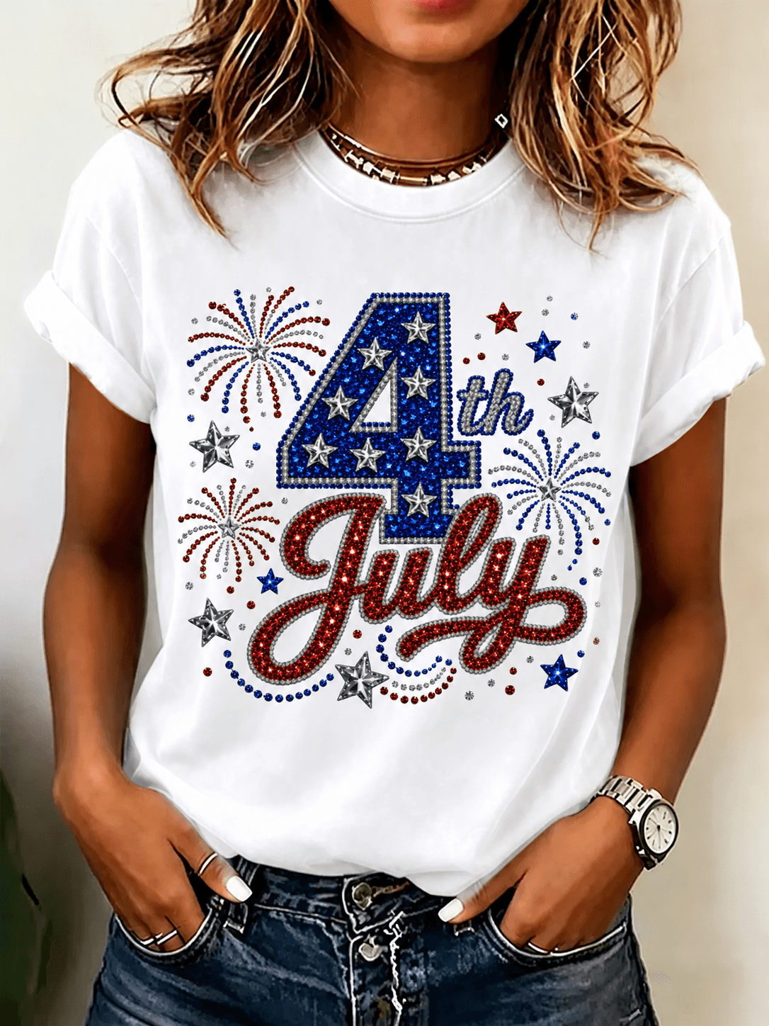 100% Cotton 4th of July Rhinestone Patriotic Crew Neck Short Sleeve Tshirt