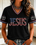 American Flag Cross Print V-neck Short Sleeve Tshirt