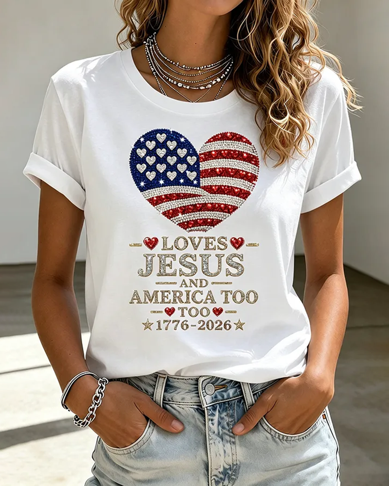 100% Cotton Loves Jesus and America Too Crew Neck Short Sleeve Tshirt