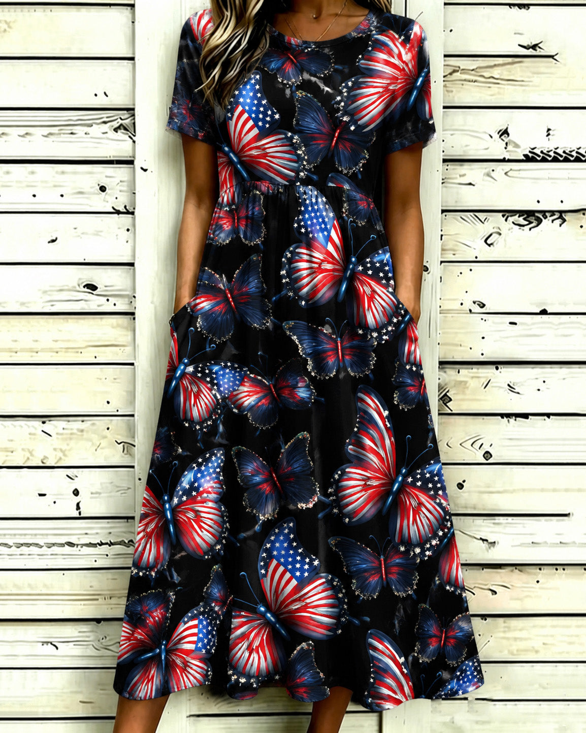 Fun National Flag Butterfly Print Pocket Casual Dress