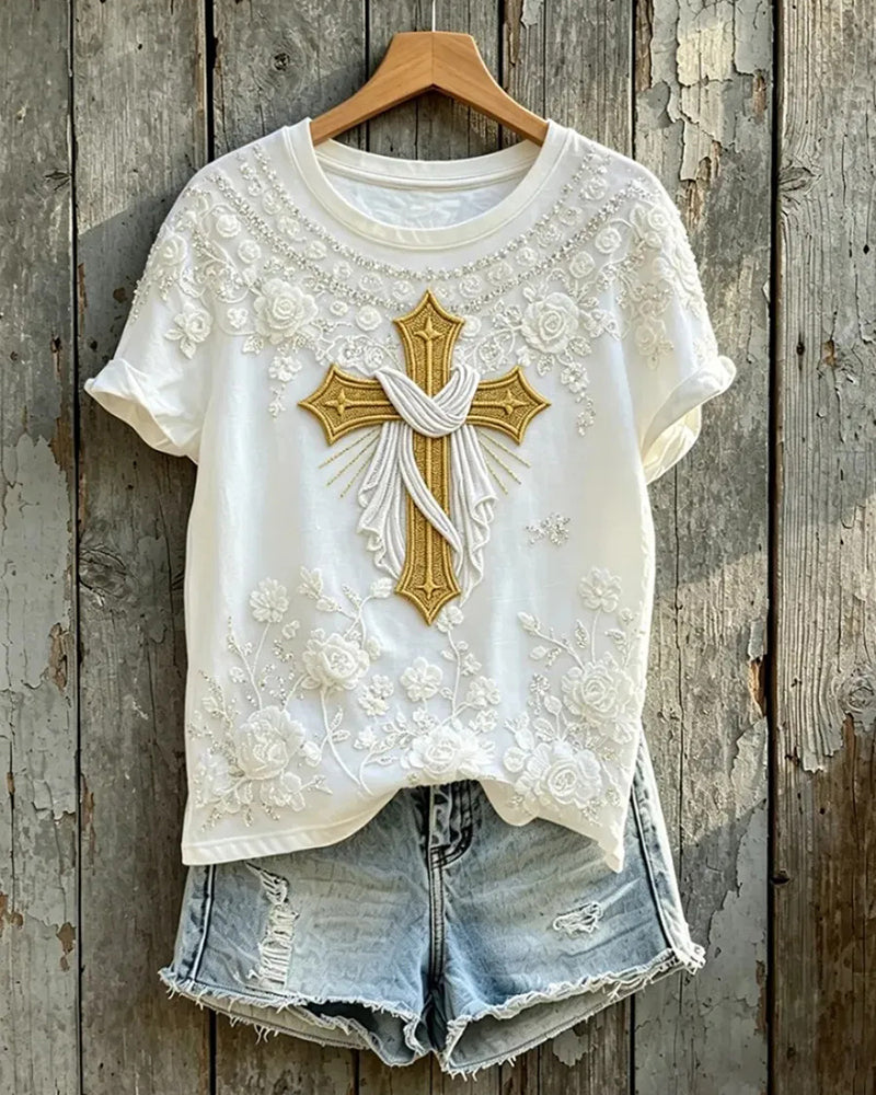 Lace Cross Rose Atmosphere Print Short Sleeve Tee