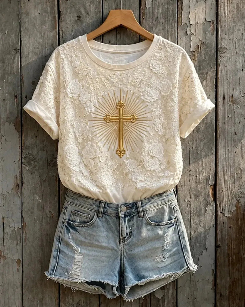 Lace Cross Vintage Print Women's Short Sleeve T-Shirt