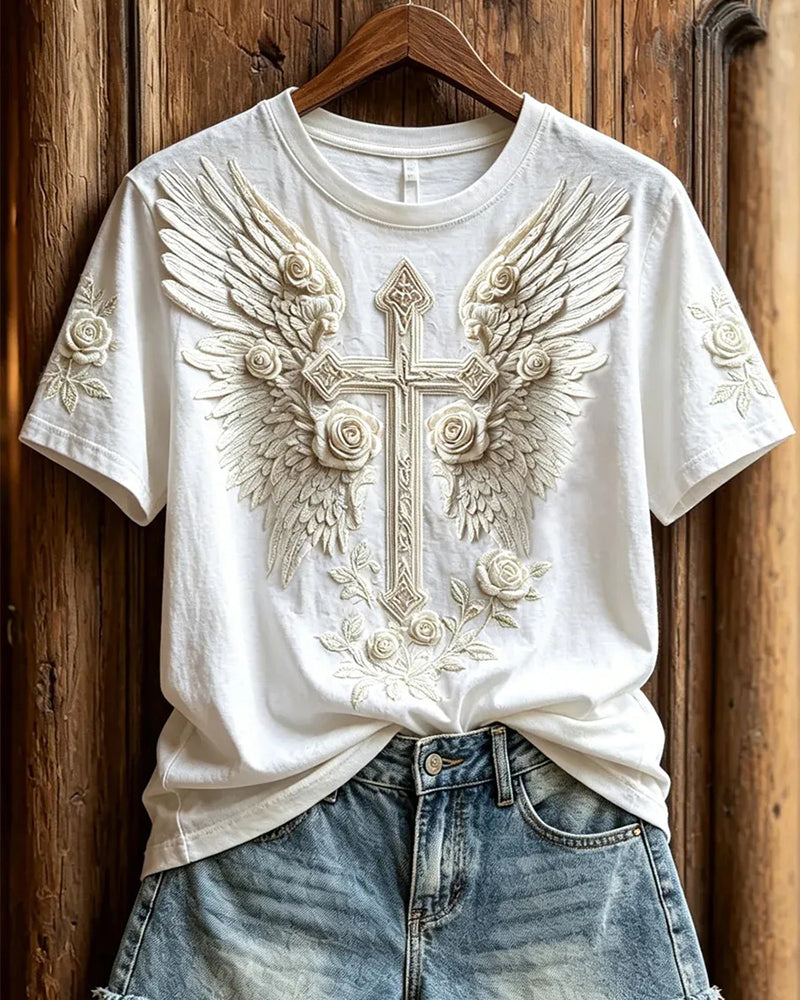 Rose Wings Three-dimensional Cross Vintage Print Women's Short Sleeve T-shirt