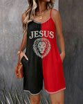 Fashionable Color-blocked Lion Sleeveless Cami Short Jumpsuit With Side Pockets