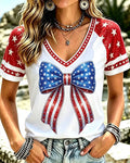 250th Anniversary National Flag Bow Print V-neck Short Sleeve Tshirt