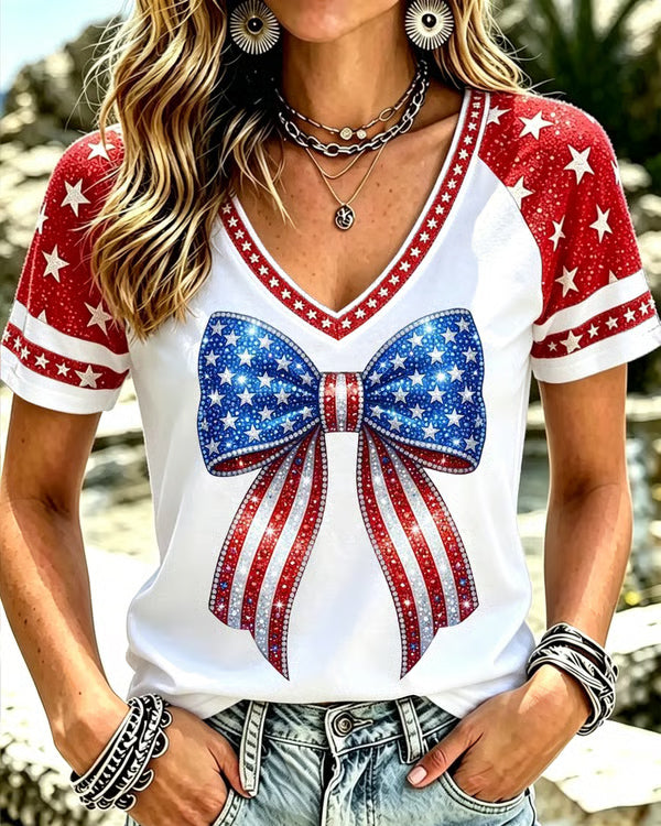 250th Anniversary National Flag Bow Print V-neck Short Sleeve Tshirt