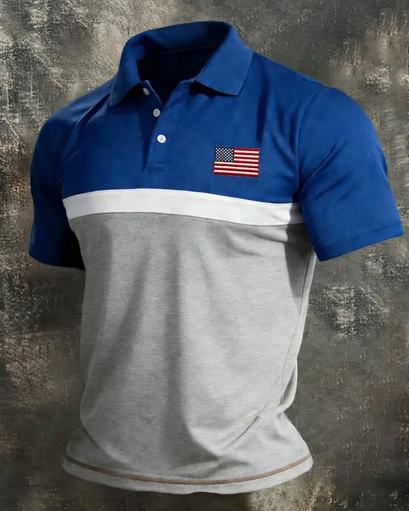 Blue And Grey Patchwork American Flag Print Casual Polo