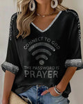 Women's "Connect To God,The Password IS Prayer" Print V-neck Loose T-shirt