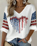 250th Anniversary Wine Glass with Heart Print V-neck Half Sleeved Loose Top
