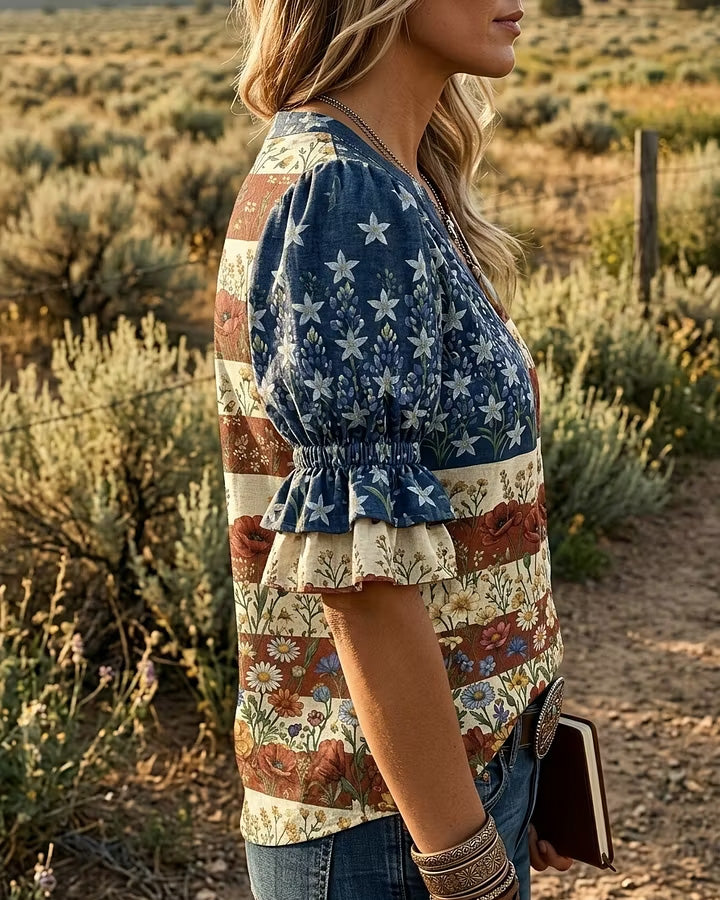 Bohemian Floral Flag Print V-neck Puff Sleeve Ruffle Shirt