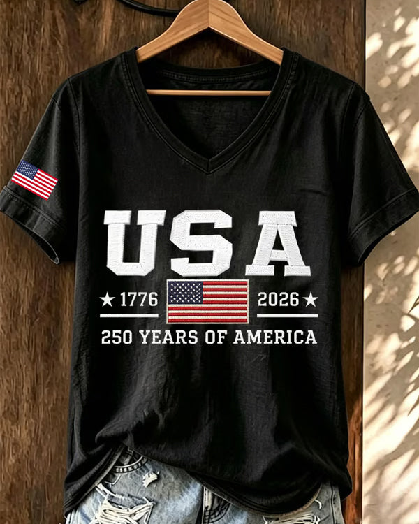 100% Cotton 250 Years of America V Neck Short Sleeve Tshirt