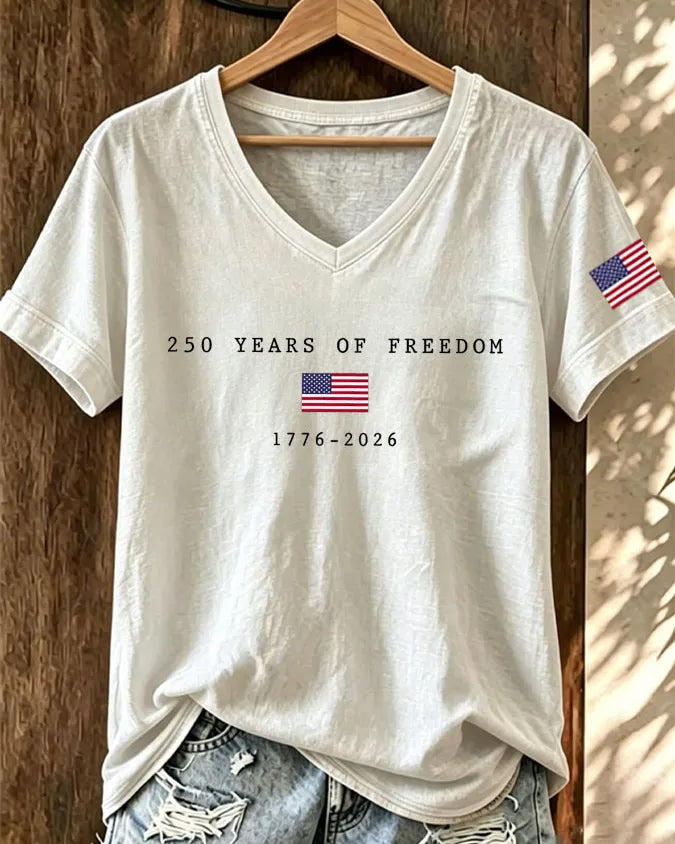 100% Cotton America 250 Celebration V Neck Short Sleeve Tshirt