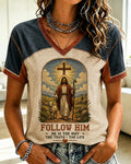 Contrast Color Stitching Jesus Shepherd Cross FOLLOW HIM Pixel Print Women's V-Neck Short Sleeve Tee