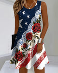 National Flag Bow Print Round Neck Sleeveless Mini Casual Dress