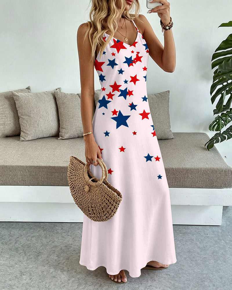 Color-block Irregular Stars Print Pocket Maxi Dress