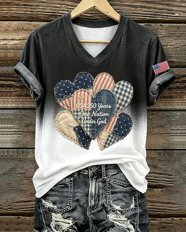Women's 250th Anniversary Heart-Shaped Balloons Print V-neck Short Sleeve Tshirt