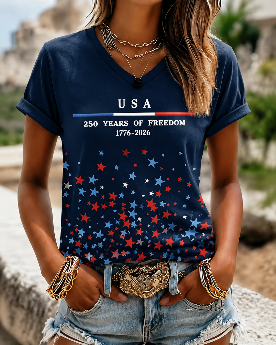 USA Independence Day Print V-neck Short Sleeve Tshirt
