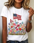 100% Cotton Women's 250th Anniversary Flag Flowers Crew Neck Short Sleeve Tshirt