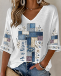 Patch Flower Cross Print V-neck Loose T-shirt