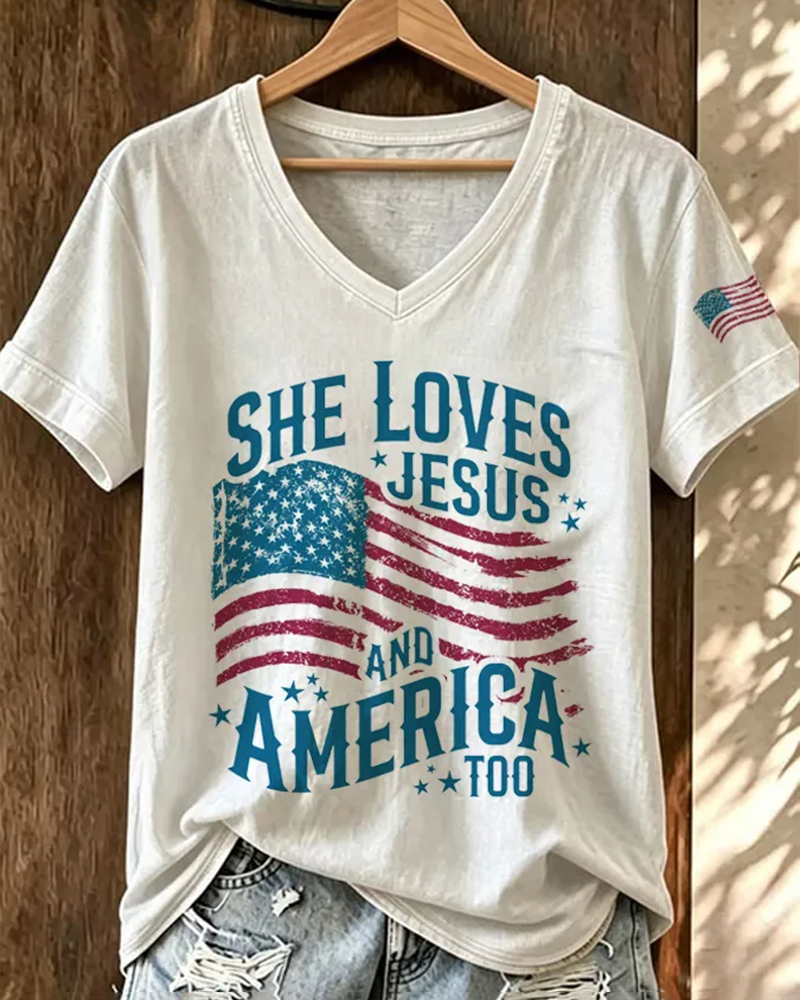 100% Cotton She Loves Jesus and America Too V Neck Short Sleeve Tshirt
