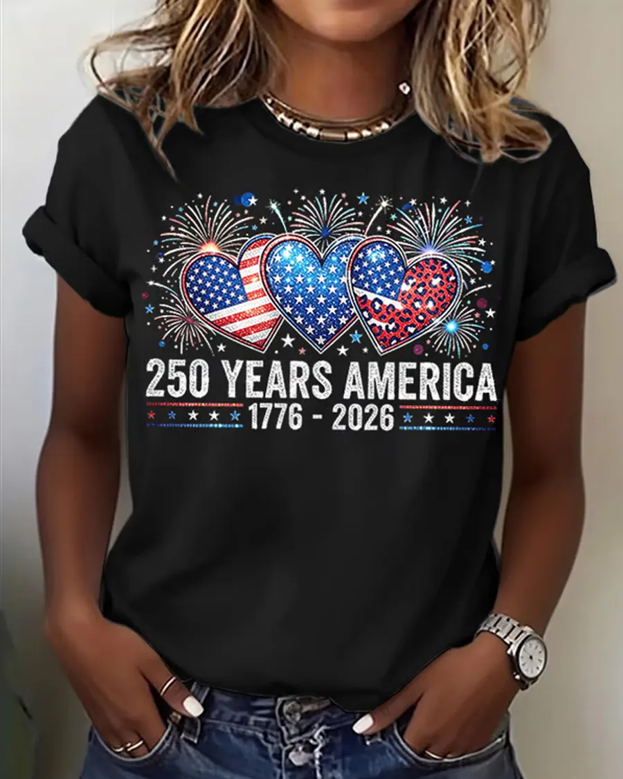 100% Cotton 250th Anniversary Fun Heart Crew Neck Short Sleeve Tshirt