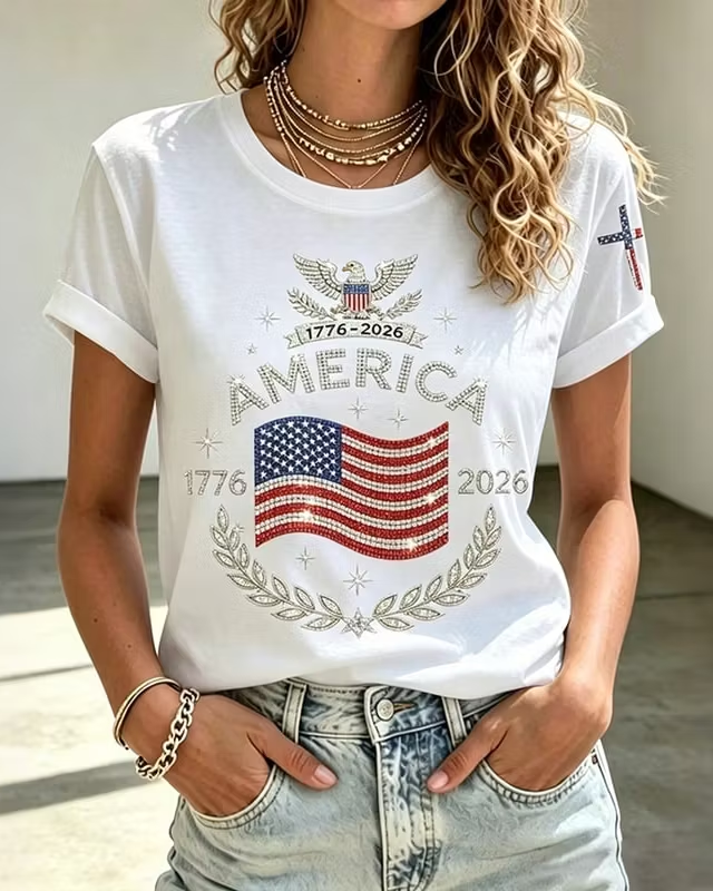 Women's Anniversary Flag Hot Diamond Print Crew Neck Short Sleeve Tshirt