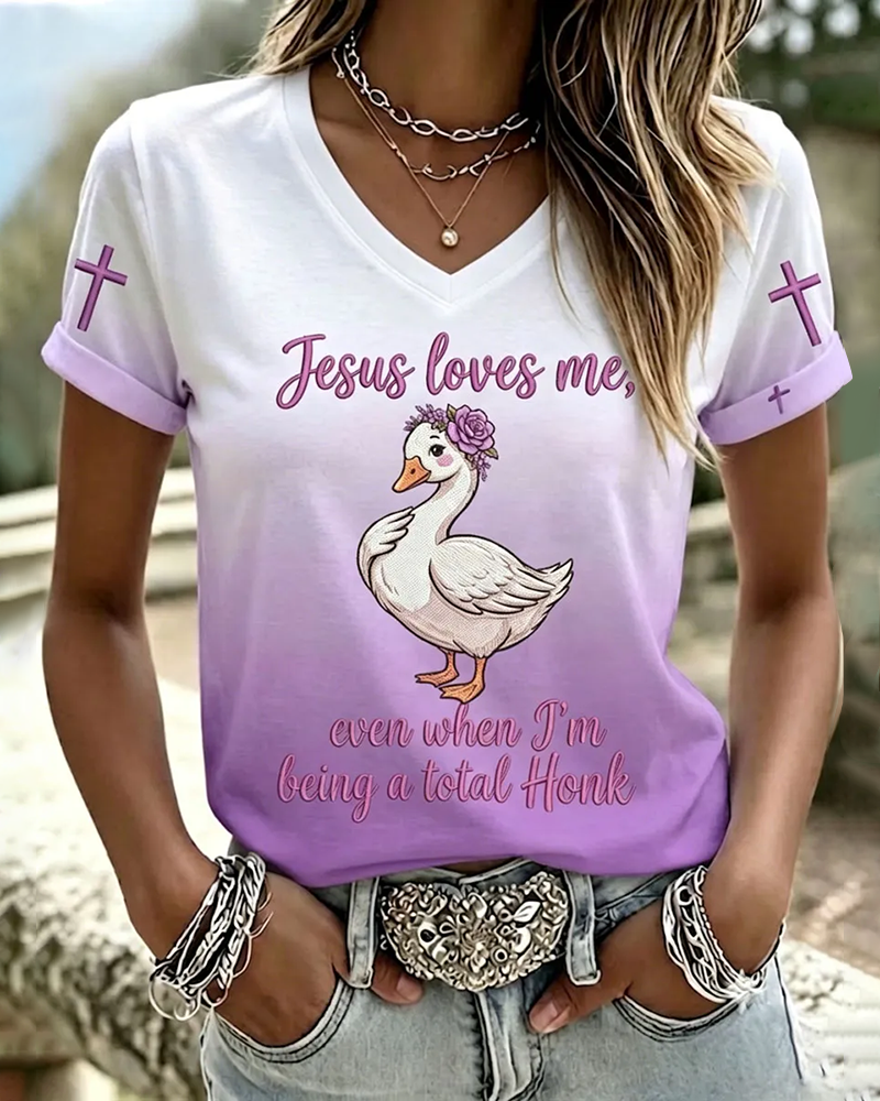 Christian-themed Duck Print V-neck Short Sleeve Tshirt