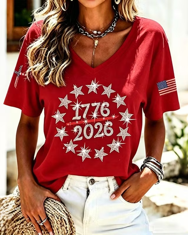 Women's Anniversary Hot Drill Art Print V-neck Short Sleeve Tshirt