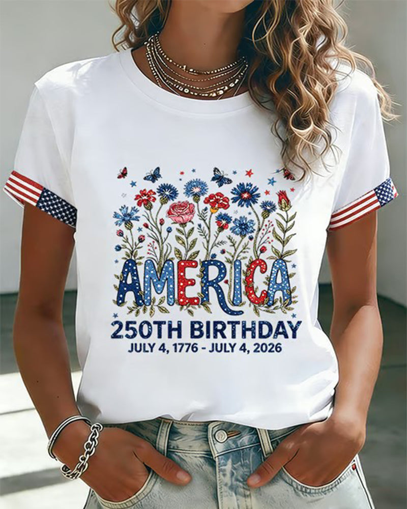 America 250 Anniversary Floral Butterfly Print Round Neck Short Sleeve Tee