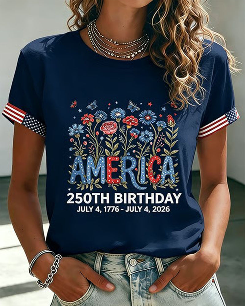 America 250 Anniversary Floral Butterfly Print Round Neck Short Sleeve Tee
