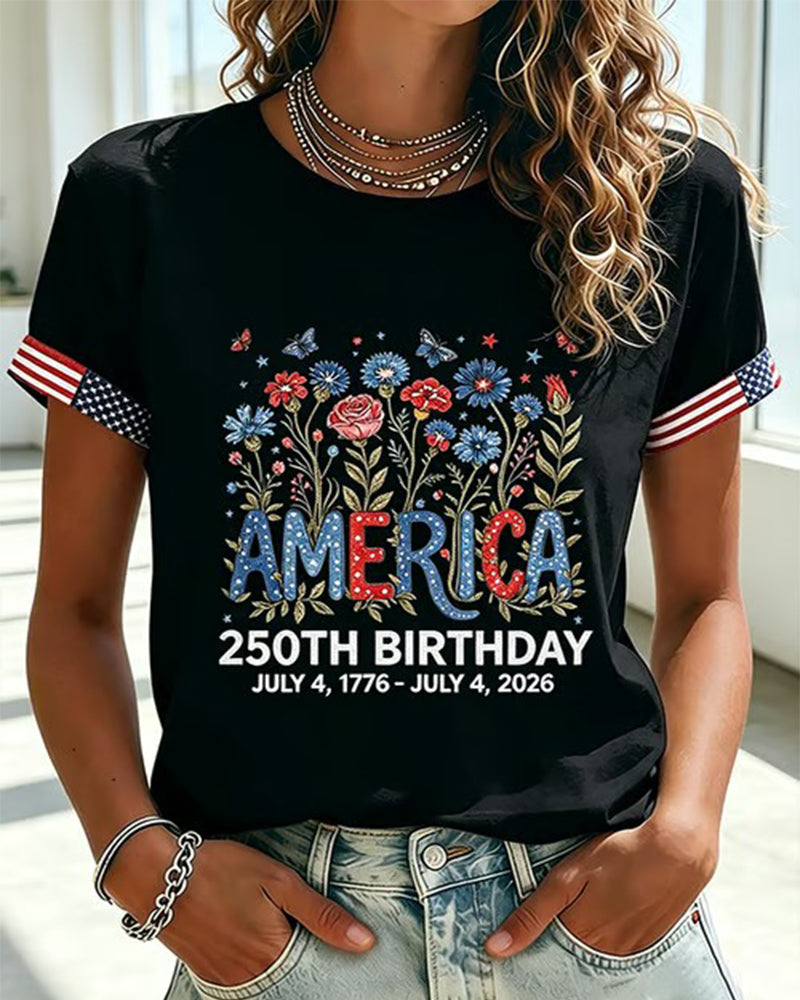 America 250 Anniversary Floral Butterfly Print Round Neck Short Sleeve Tee