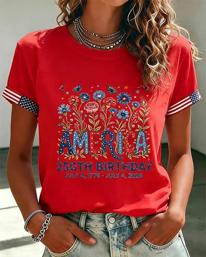 America 250 Anniversary Floral Butterfly Print Round Neck Short Sleeve Tee