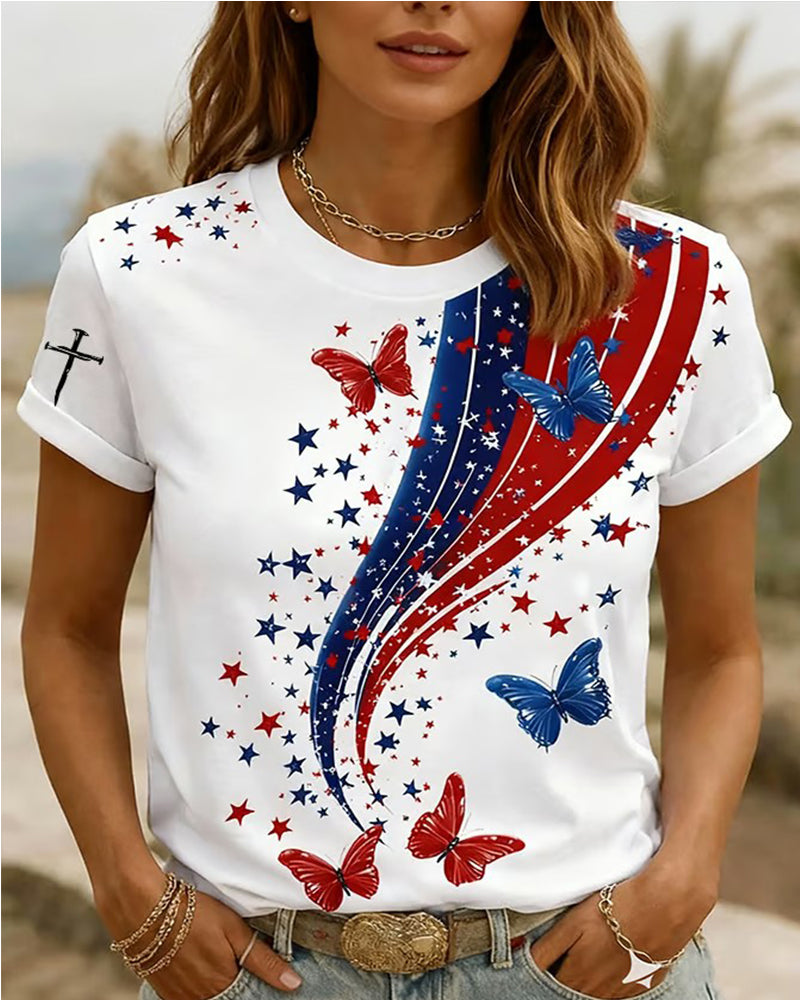 American Flag Butterfly Star Print Round Neck Short Sleeve Tee