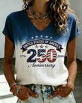 American 250 Anniversary Gradient Rhinestone Letter Print V-Neck Short Sleeve T-Shirt