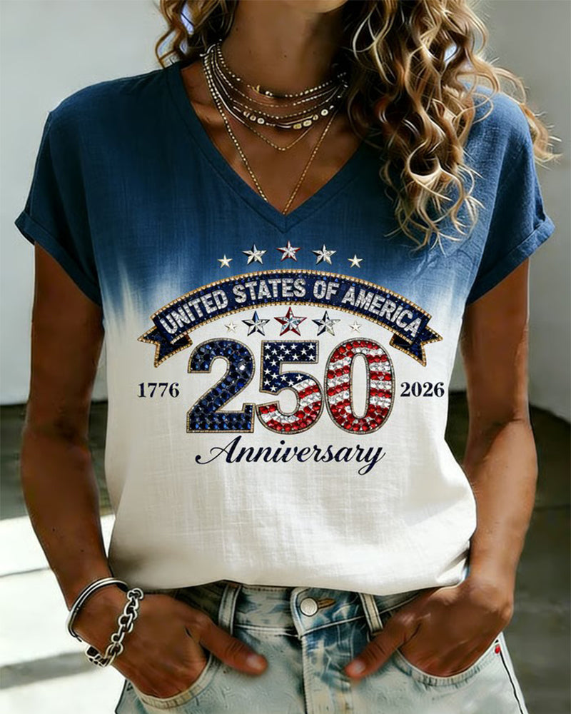 American 250 Anniversary Gradient Rhinestone Letter Print V-Neck Short Sleeve T-Shirt