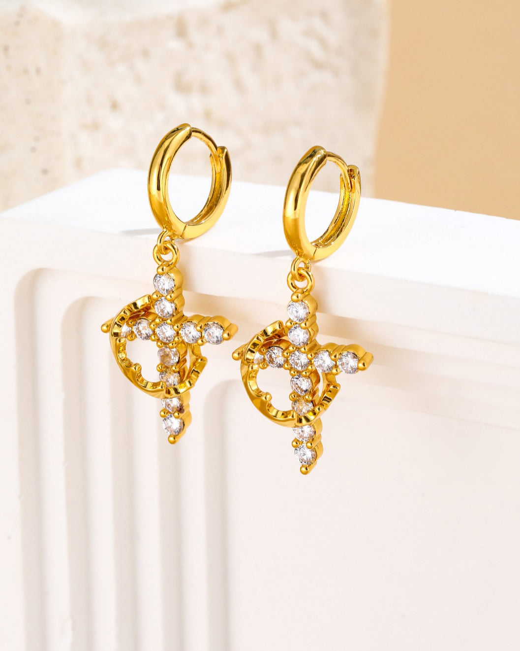 Rotatable Crown Cross Necklace Earrings
