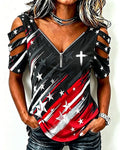 Star and Cross Graffiti Off-shoulder Zip Neck Short-sleeve Top