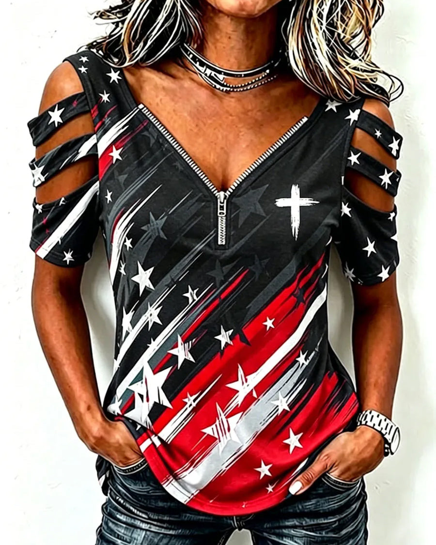Star and Cross Graffiti Off-shoulder Zip Neck Short-sleeve Top