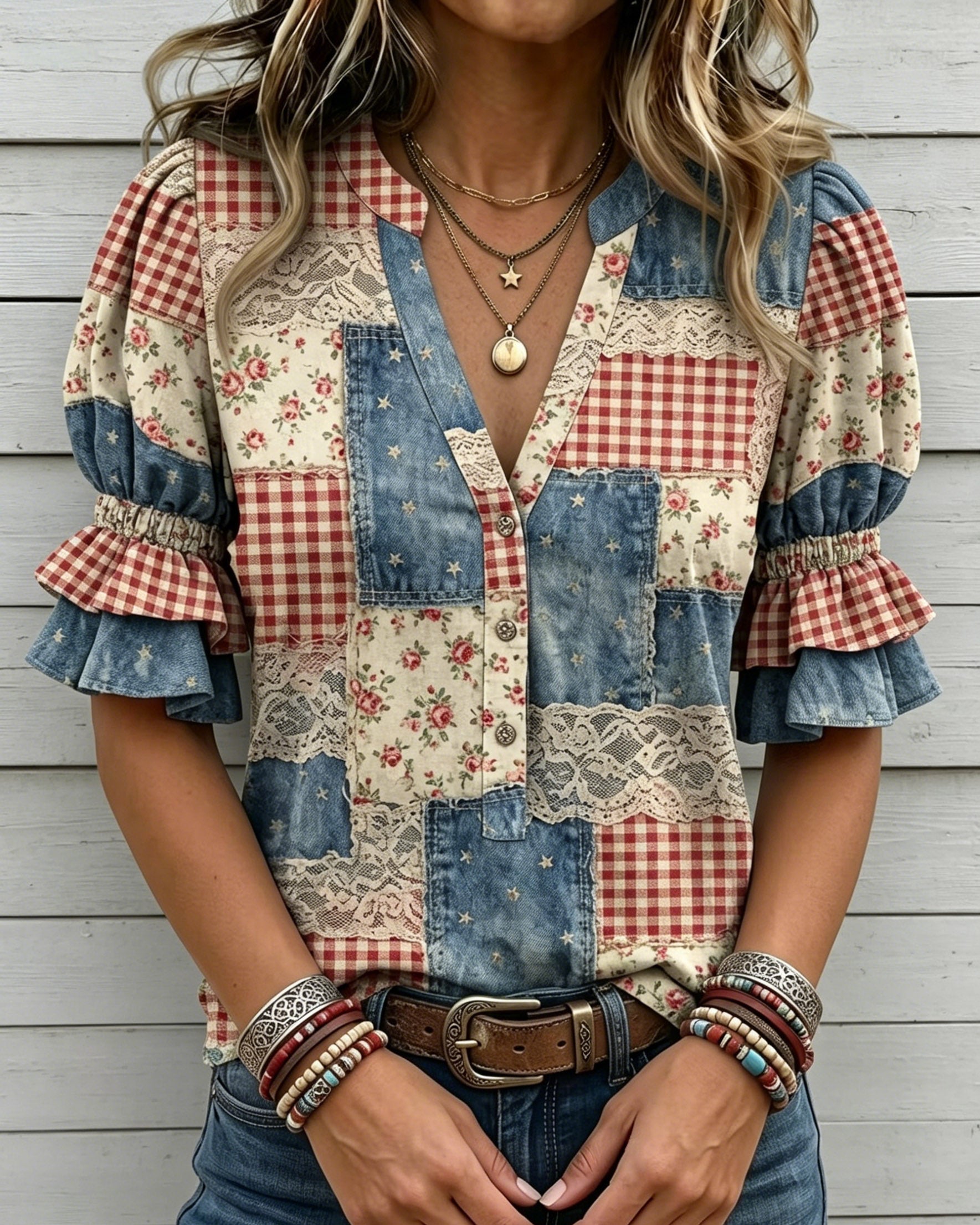 Checkered Floral Lace Patchwork Print V-neck Puff Sleeve Ruffle Shirt